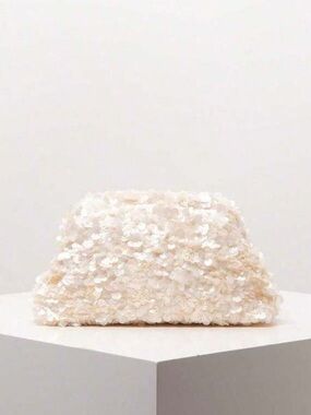 Sequin-Embellished Cream Evening Clutch